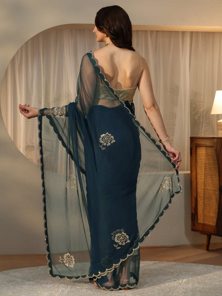 Libas Peacock Blue Floral Embellished Georgette Saree