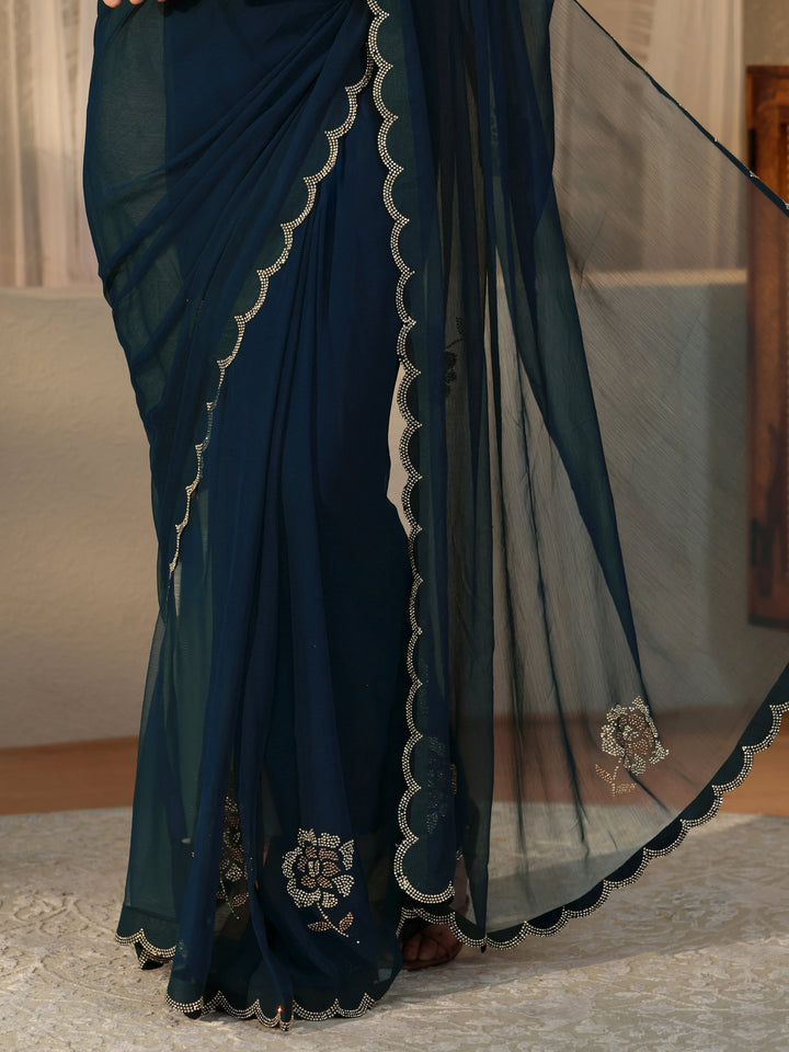 Libas Peacock Blue Floral Embellished Georgette Saree