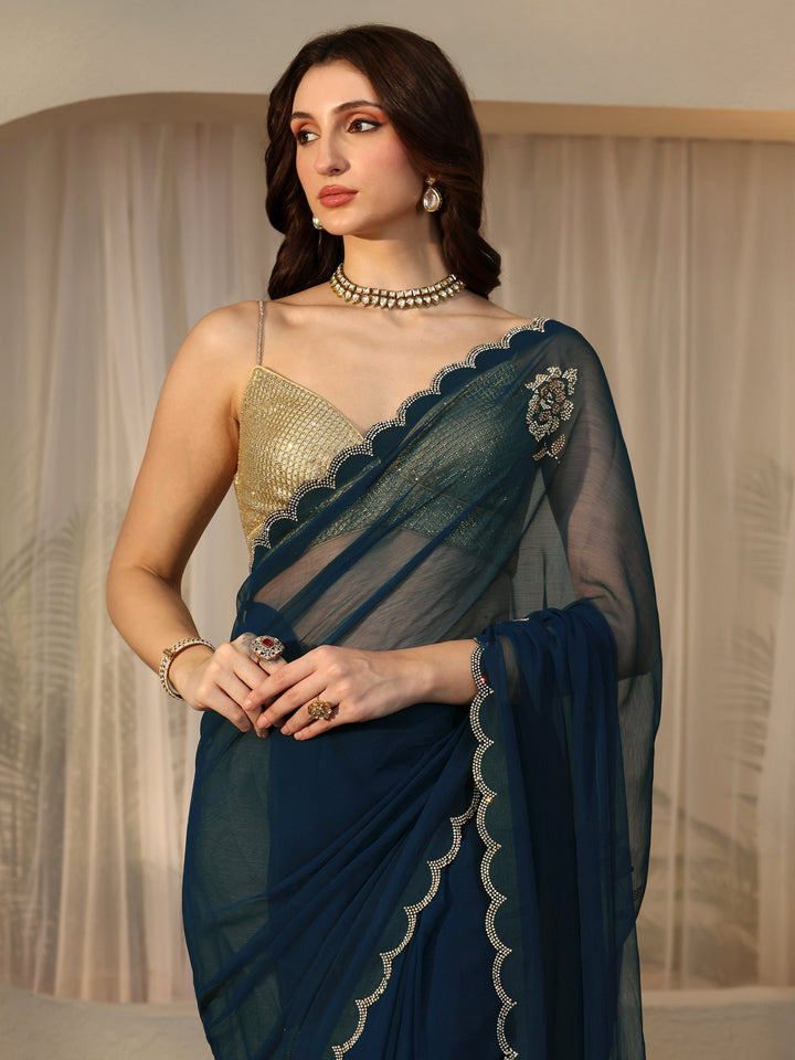 Libas Peacock Blue Floral Embellished Georgette Saree
