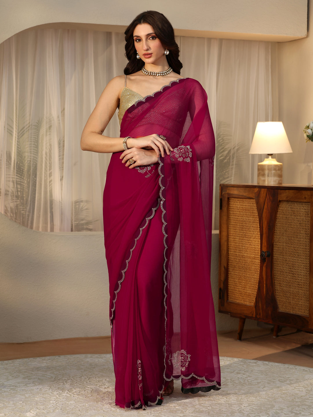 Libas Rani Pink Floral Embellished Georgette Saree