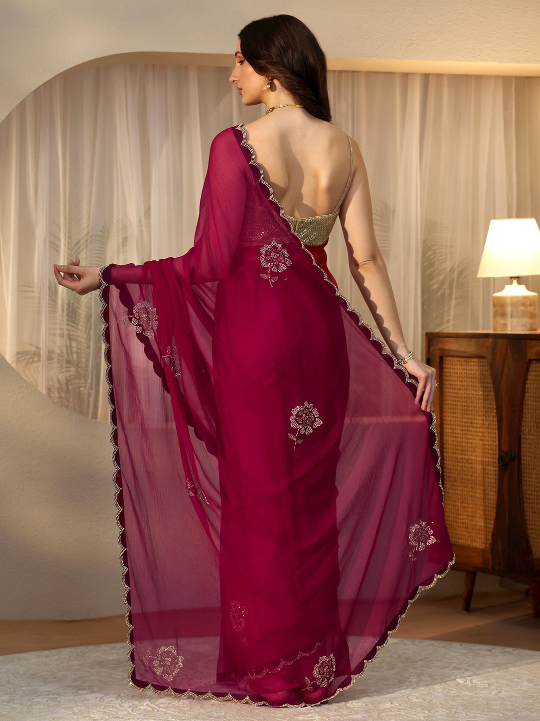 Libas Rani Pink Floral Embellished Georgette Saree