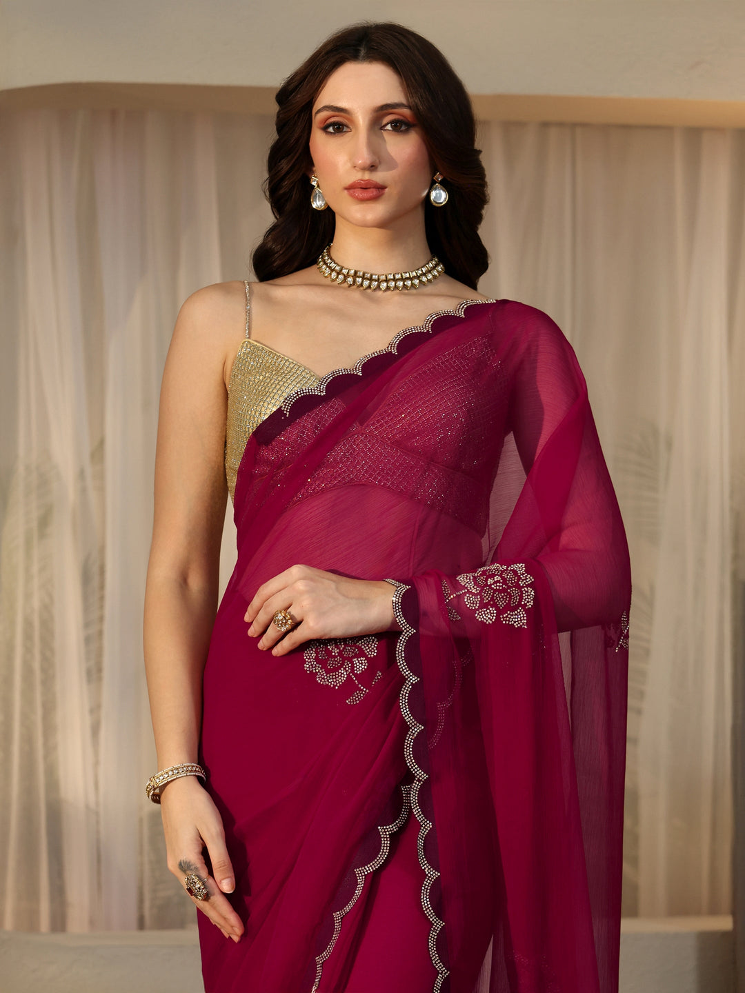 Libas Rani Pink Floral Embellished Georgette Saree