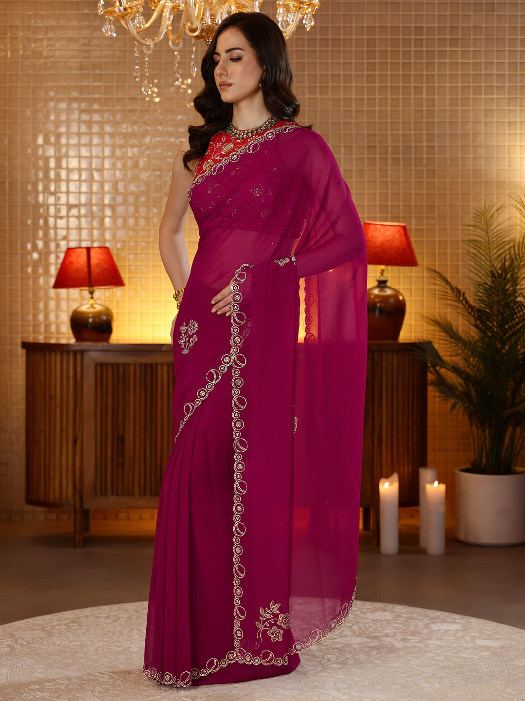 Libas Magenta Pink Embellished Georgette Saree