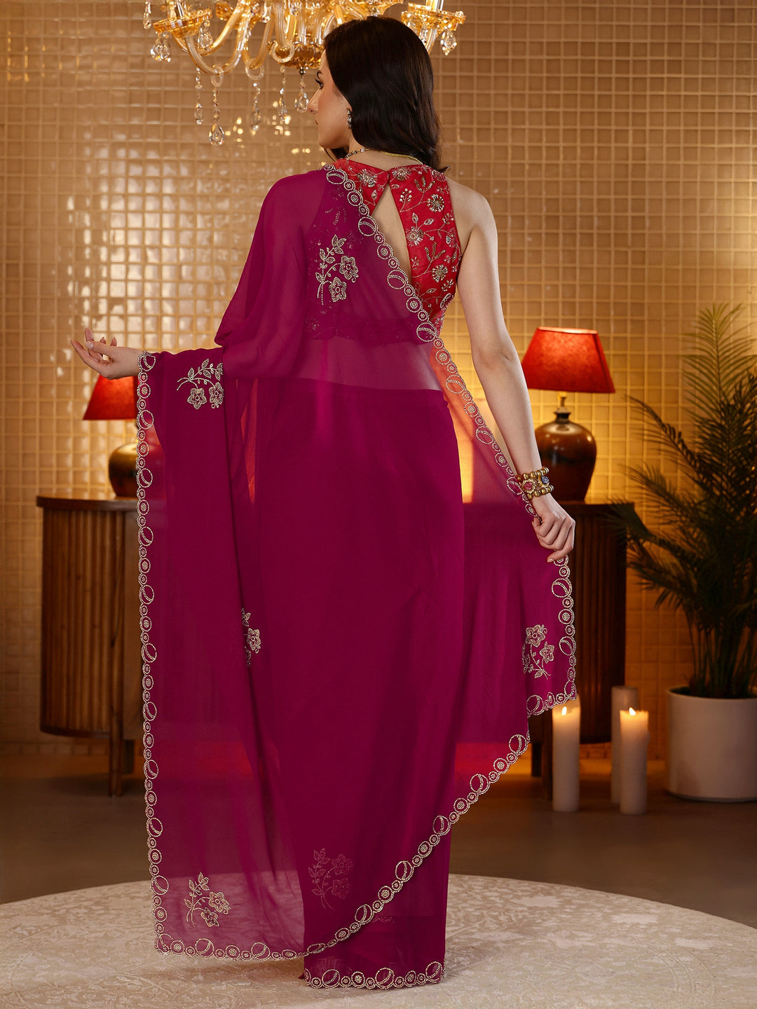 Libas Magenta Pink Embellished Georgette Saree