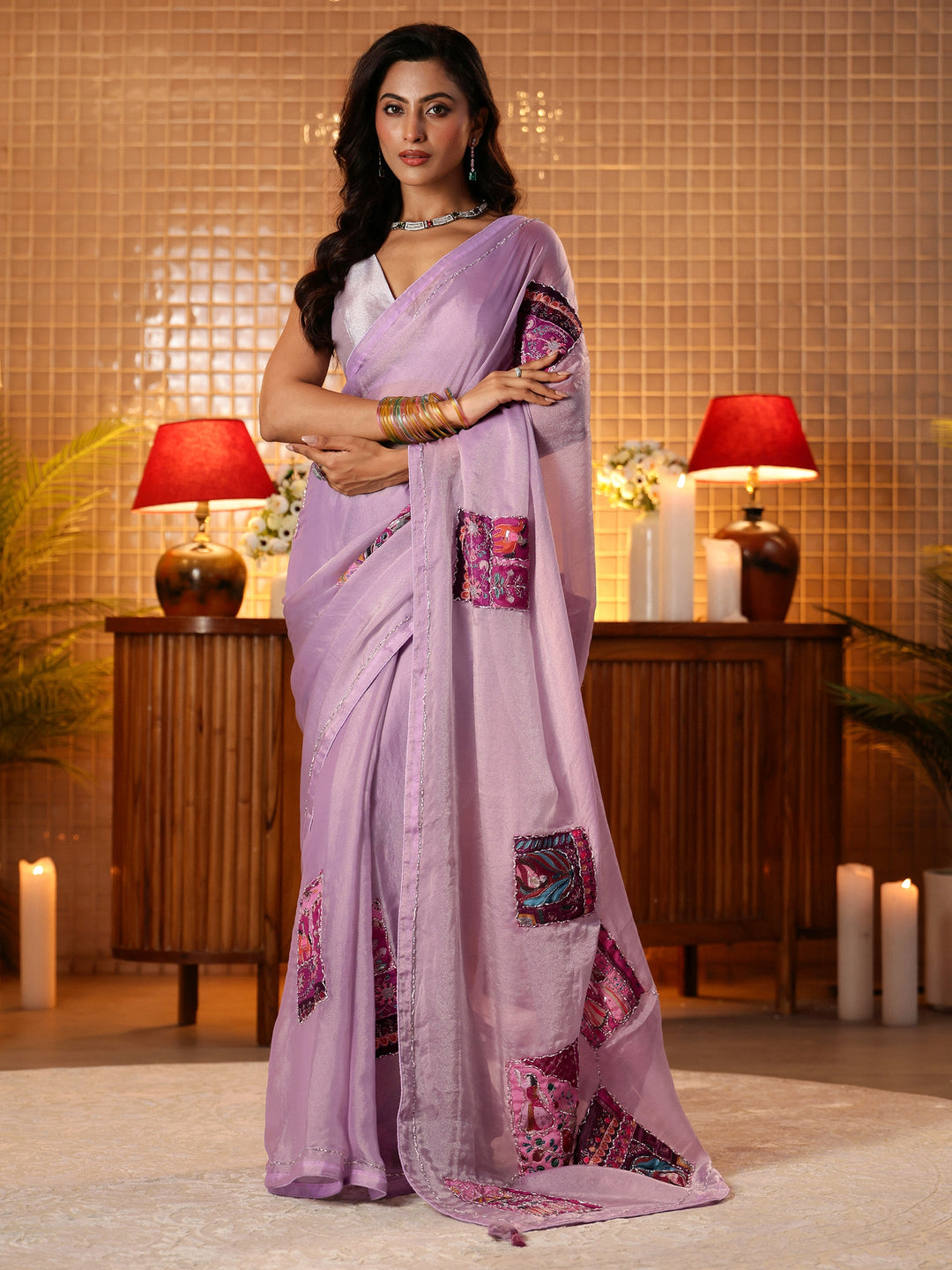 Lavender Applique Silk Blend Saree