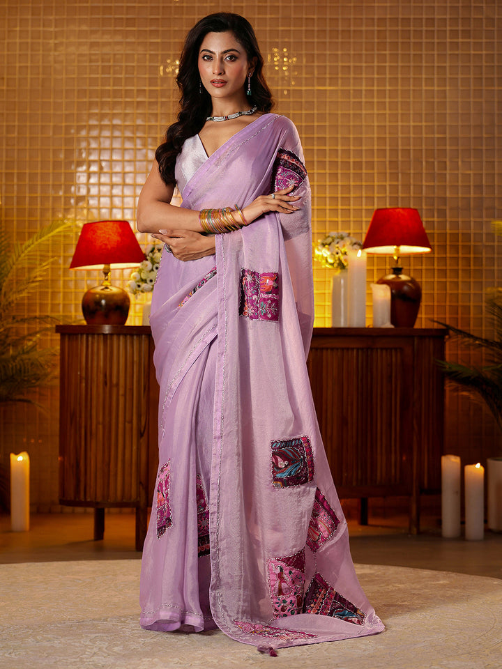 Libas Lavender Applique Silk Blend Saree