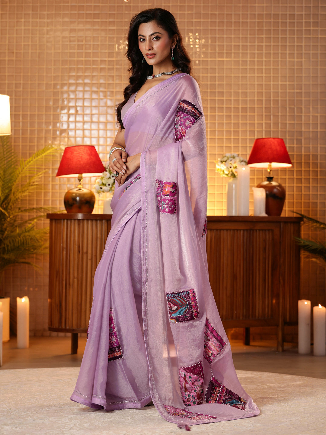 Lavender Applique Silk Blend Saree