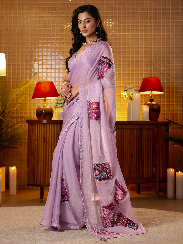 Libas Lavender Applique Silk Blend Saree