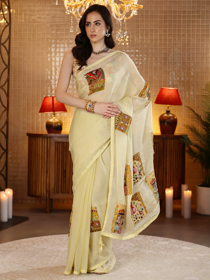 Libas Yellow Applique Silk Blend Saree