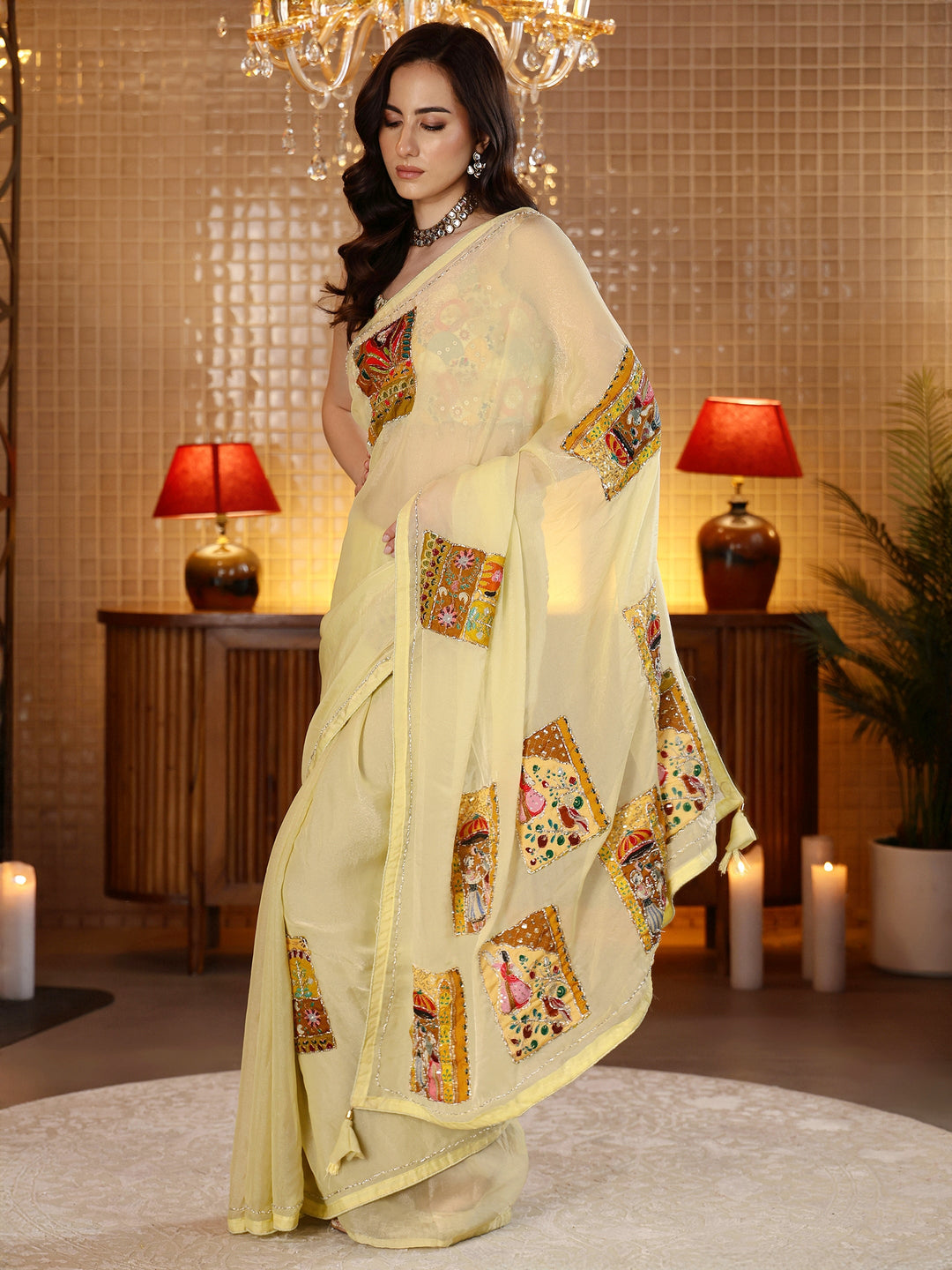 Libas Yellow Applique Silk Blend Saree
