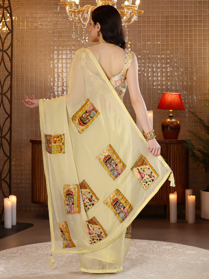 Libas Yellow Applique Silk Blend Saree