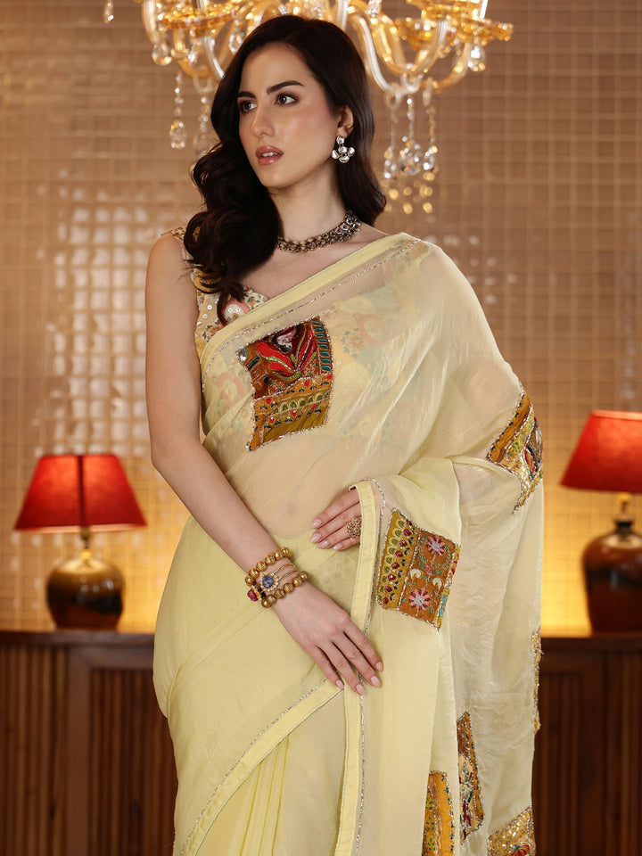 Libas Yellow Applique Silk Blend Saree