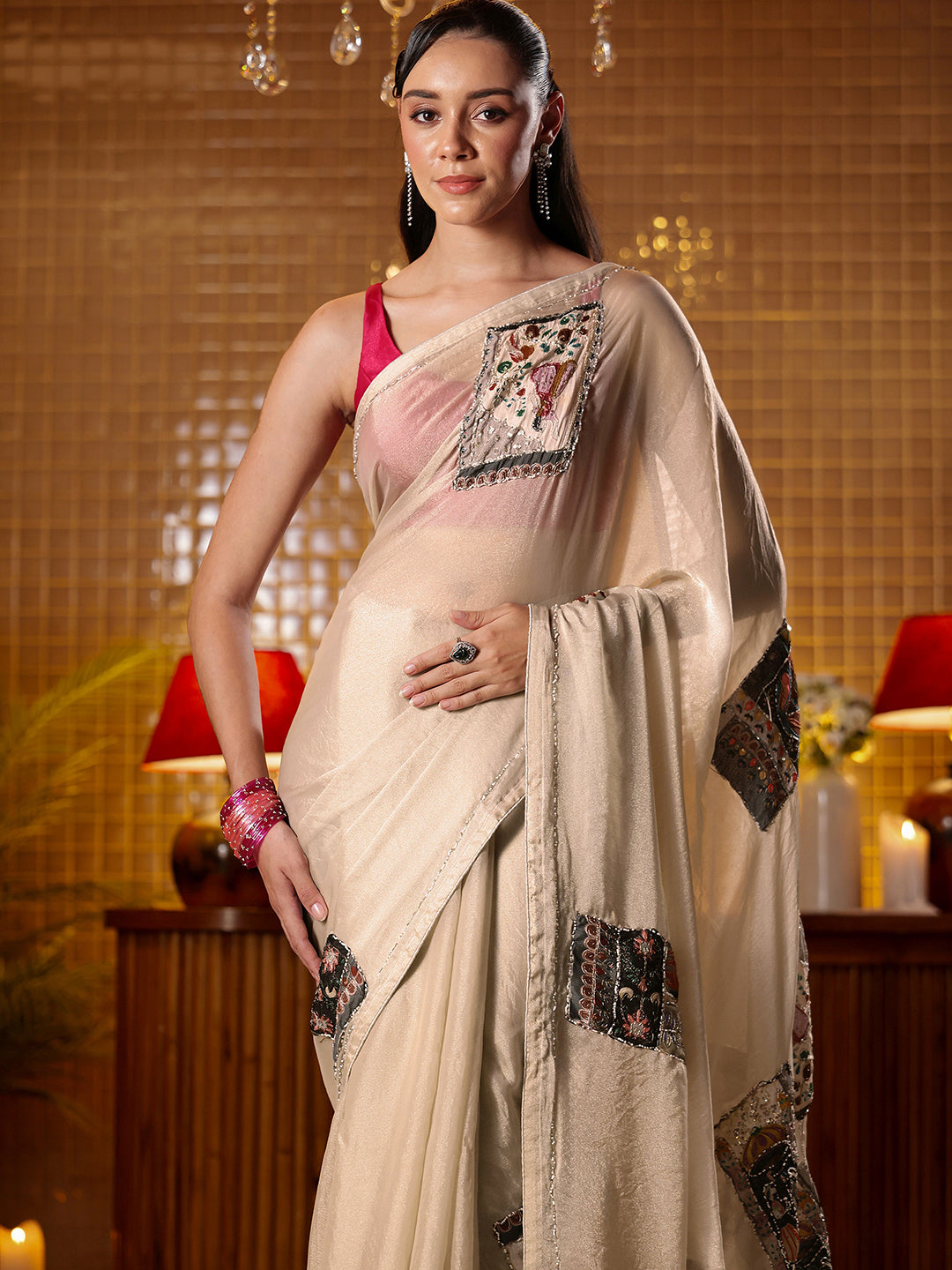 Libas Taupe Applique Silk Blend Saree