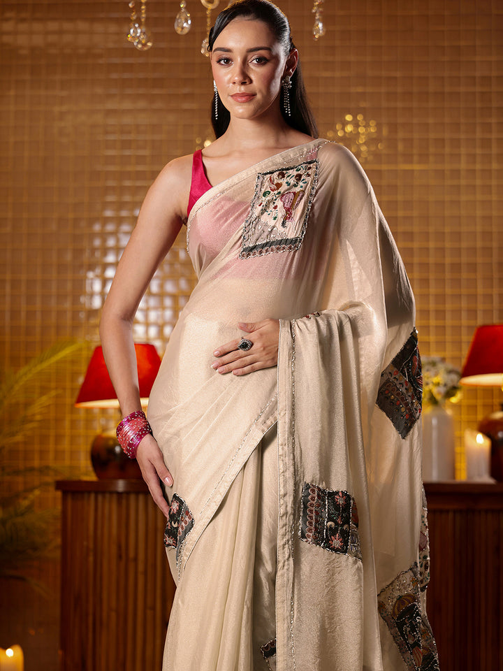 Libas Taupe Applique Silk Blend Saree