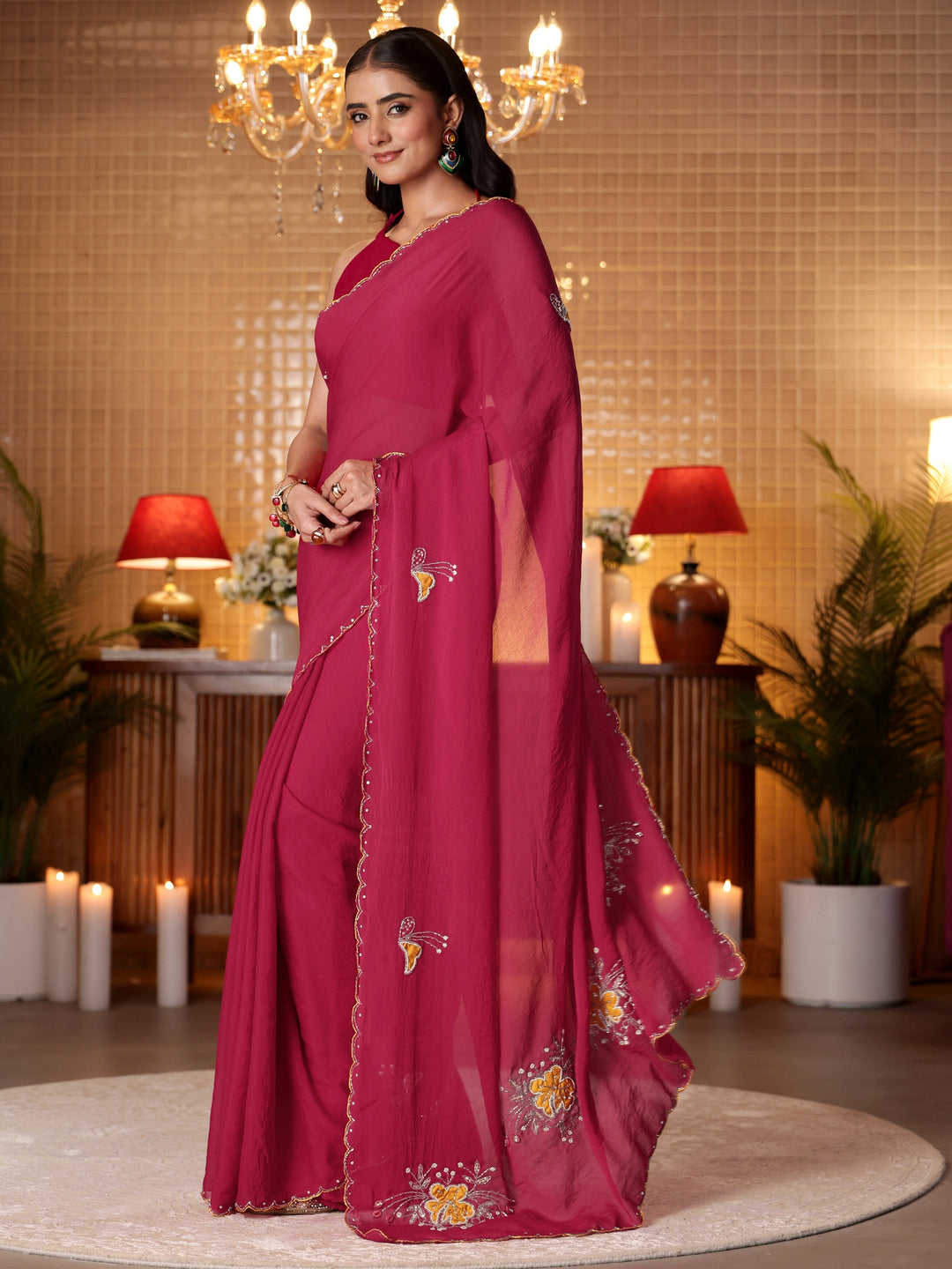 Rani Pink Floral Embellished Silk Blend Saree