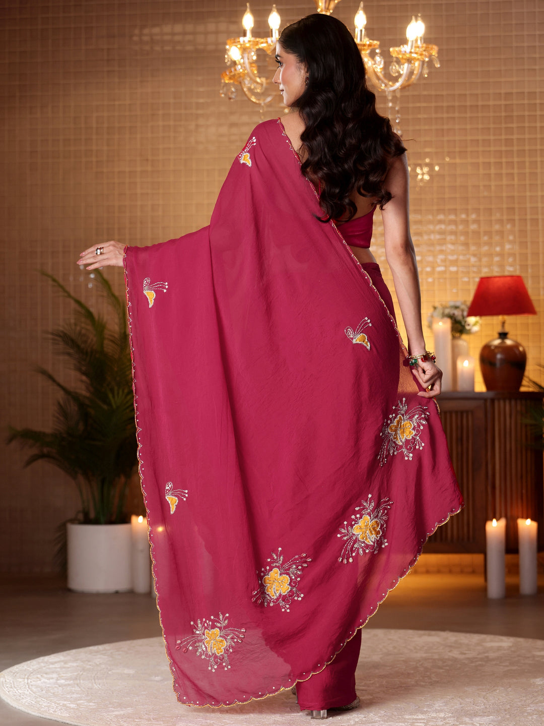 Rani Pink Floral Embellished Silk Blend Saree