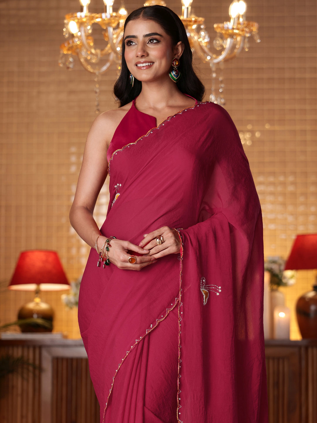 Rani Pink Floral Embellished Silk Blend Saree