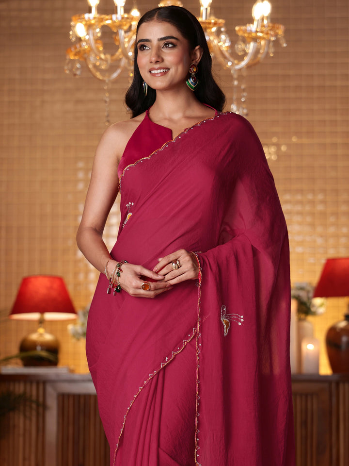 Rani Pink Floral Embellished Silk Blend Saree