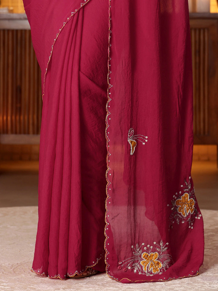 Rani Pink Floral Embellished Silk Blend Saree