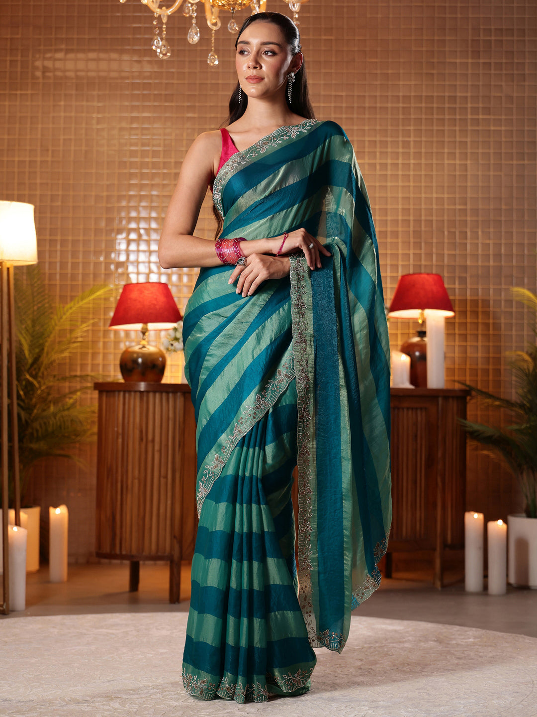 Teal Green Striped Silk Blend Saree