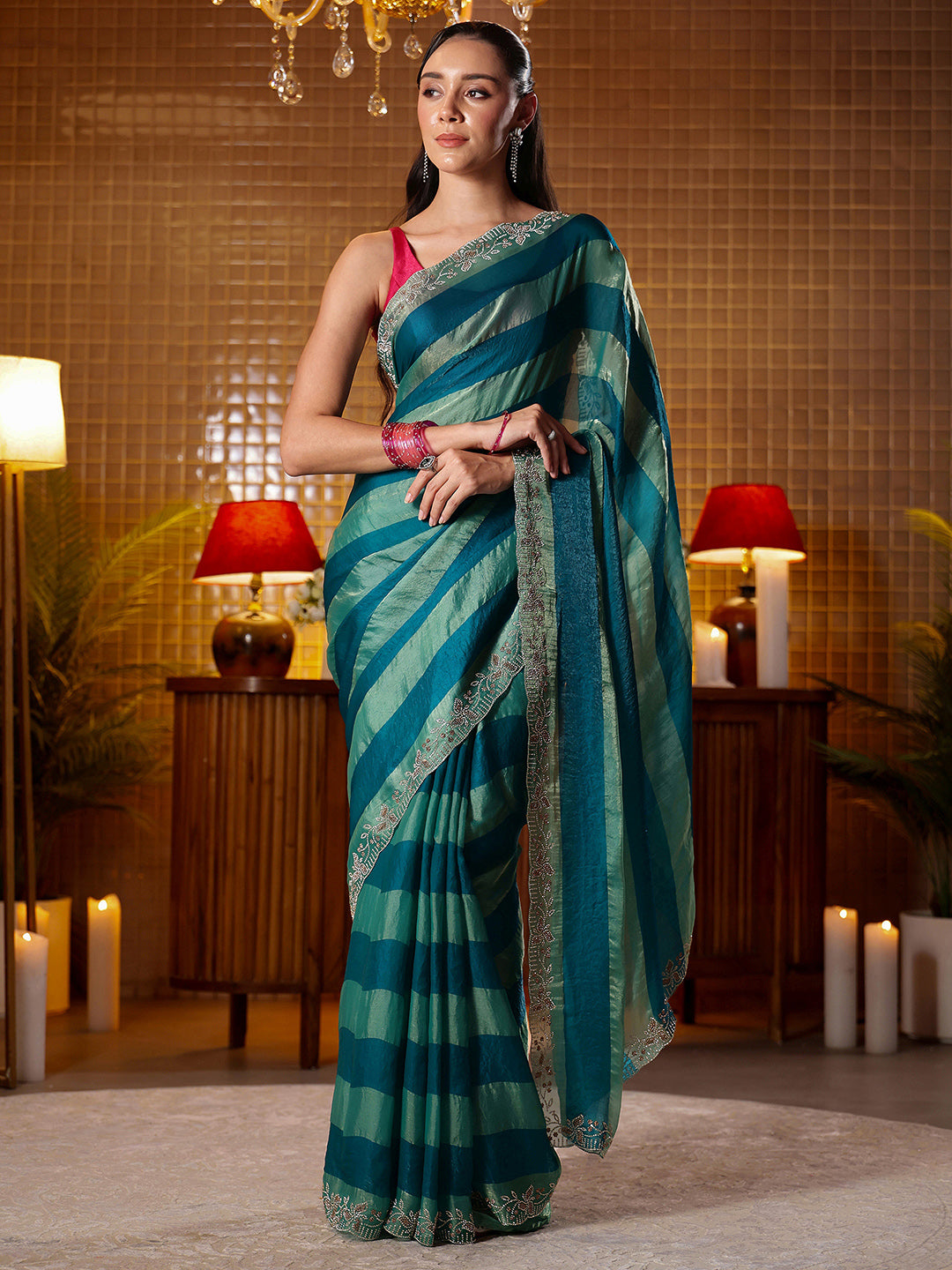 Libas Teal Green Striped Silk Blend Saree