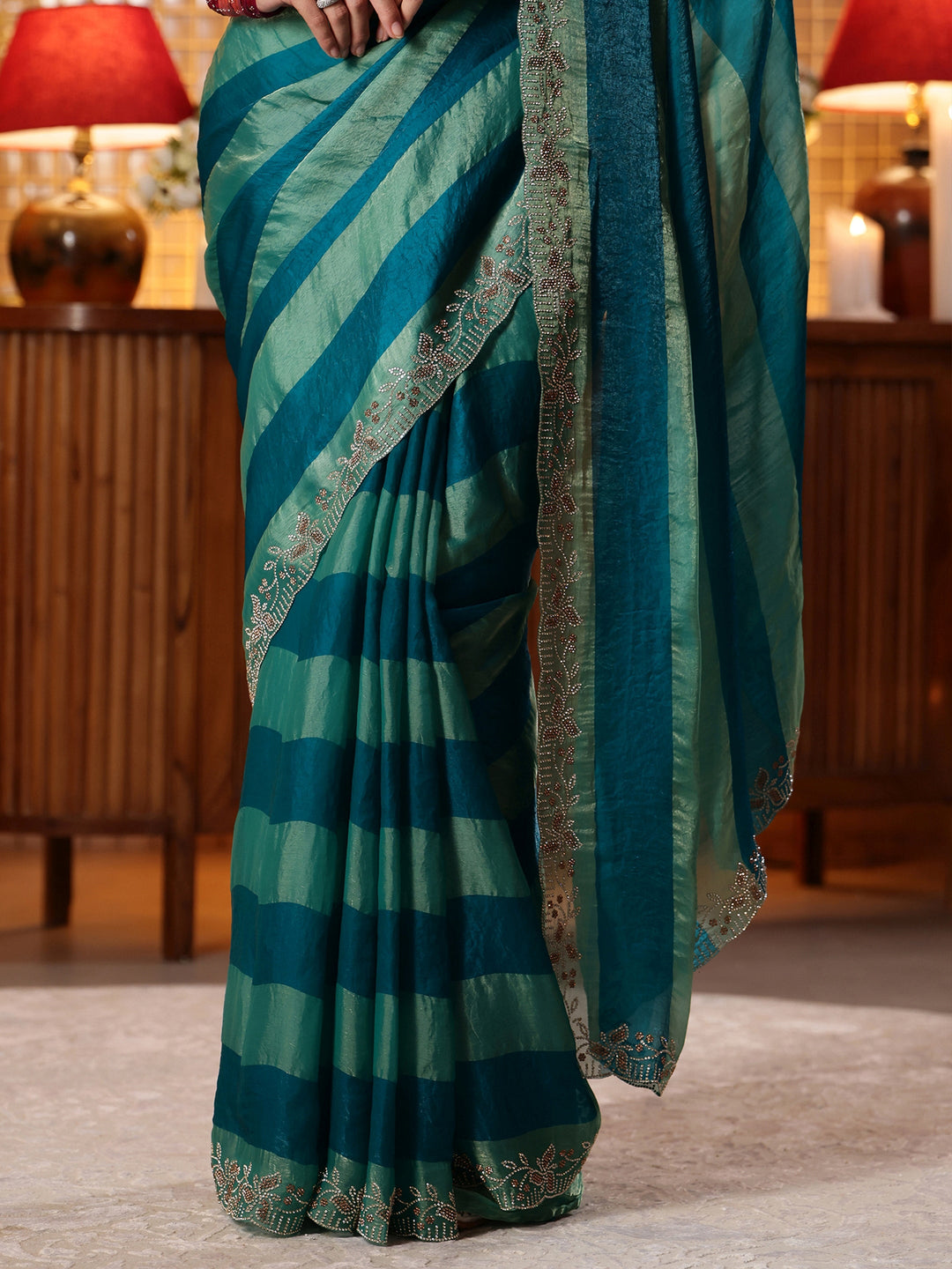 Teal Green Striped Silk Blend Saree