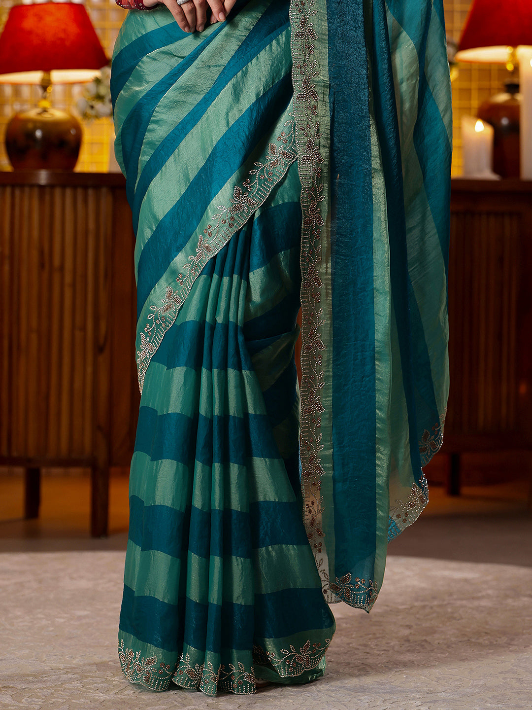 Libas Teal Green Striped Silk Blend Saree