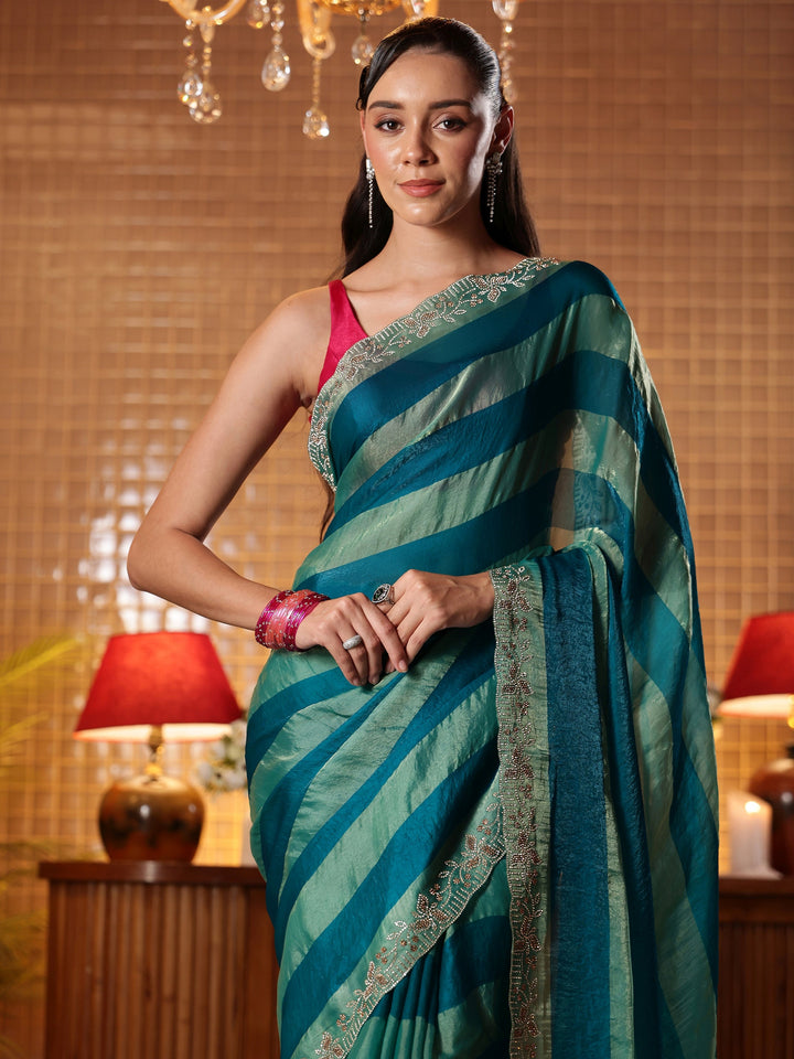 Teal Green Striped Silk Blend Saree
