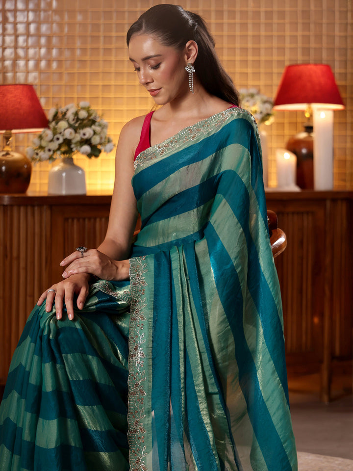 Teal Green Striped Silk Blend Saree