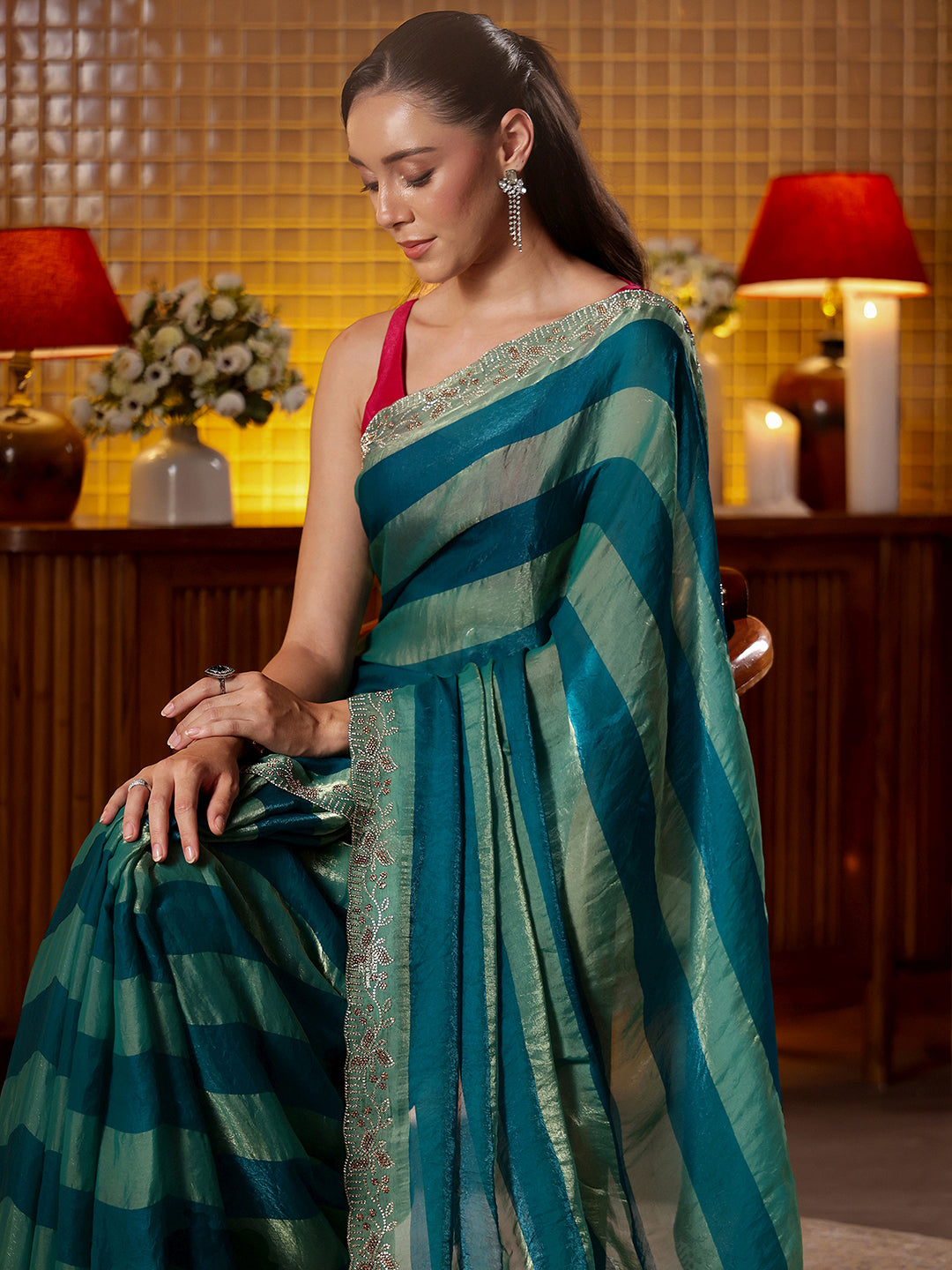 Libas Teal Green Striped Silk Blend Saree