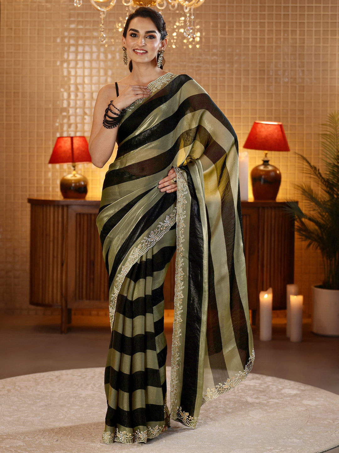 Libas Black Striped Silk Blend Saree