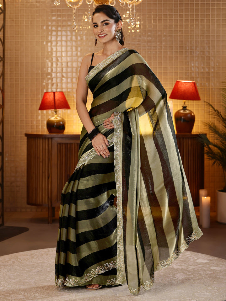 Libas Black Striped Silk Blend Saree