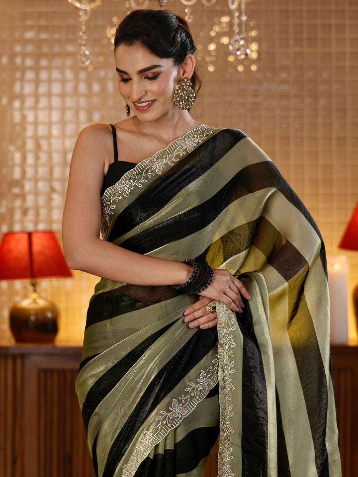 Libas Black Striped Silk Blend Saree