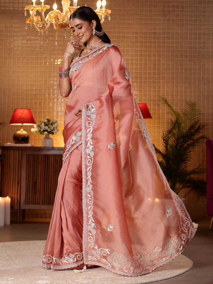 Libas Peach Floral Embroidered Tissue Saree
