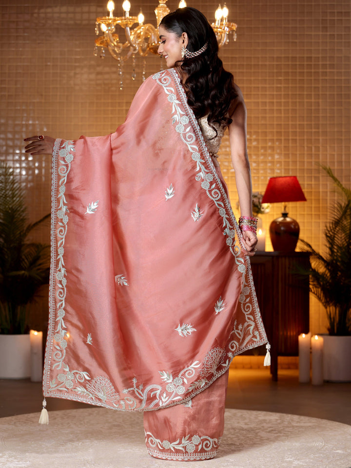 Libas Peach Floral Embroidered Tissue Saree