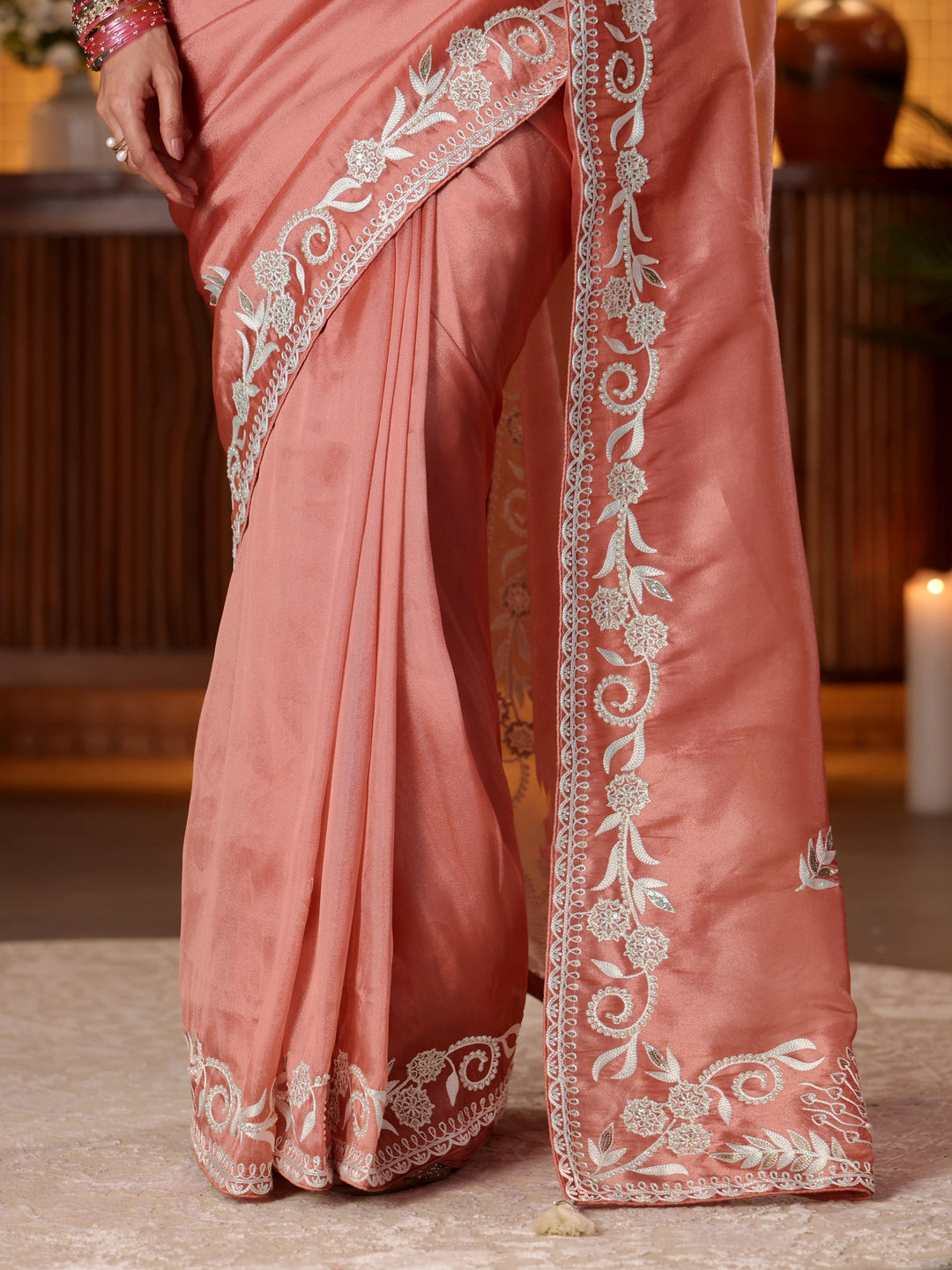 Libas Peach Floral Embroidered Tissue Saree