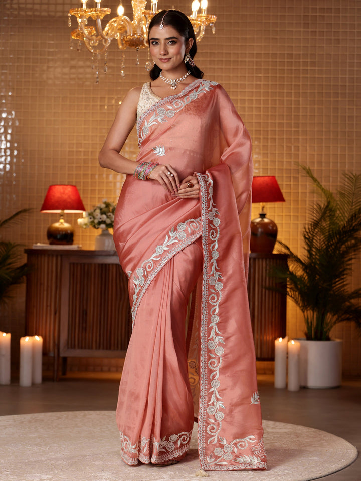 Libas Peach Floral Embroidered Tissue Saree
