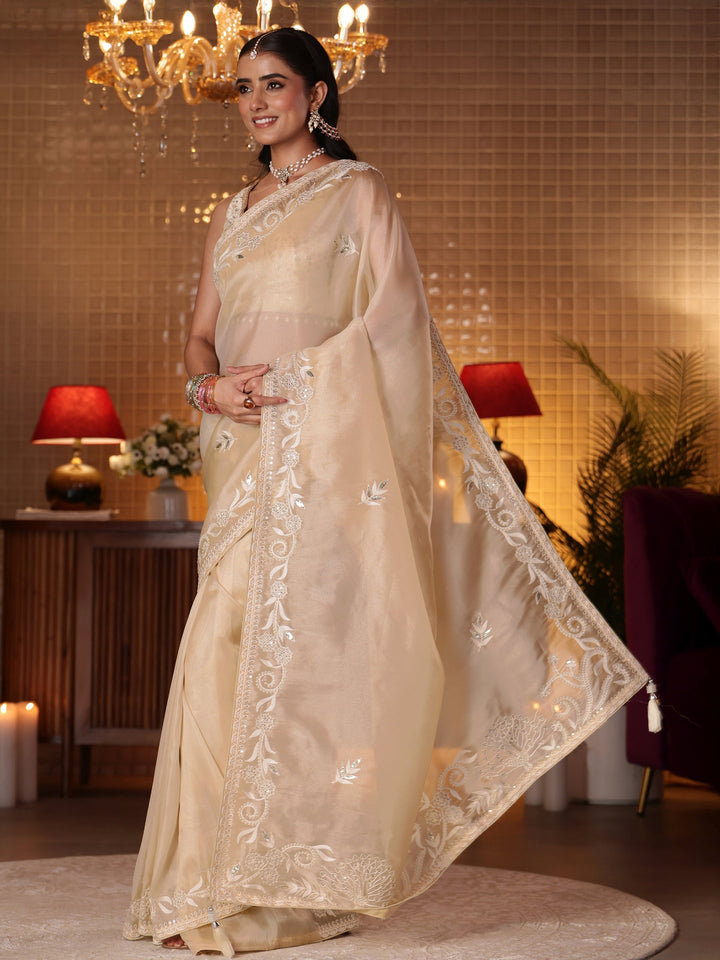 Libas Cream Floral Embroidered Tissue Saree