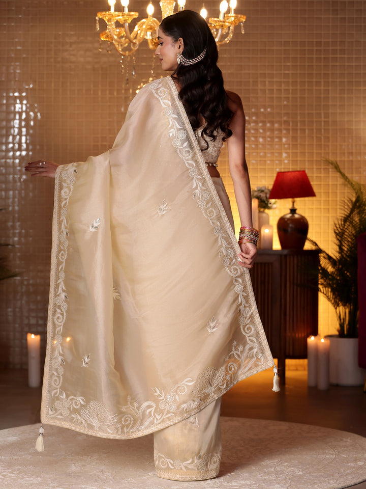 Libas Cream Floral Embroidered Tissue Saree