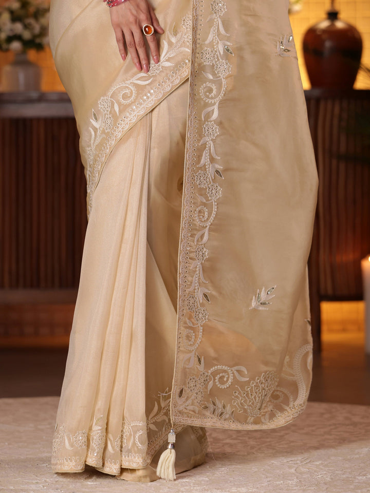 Libas Cream Floral Embroidered Tissue Saree