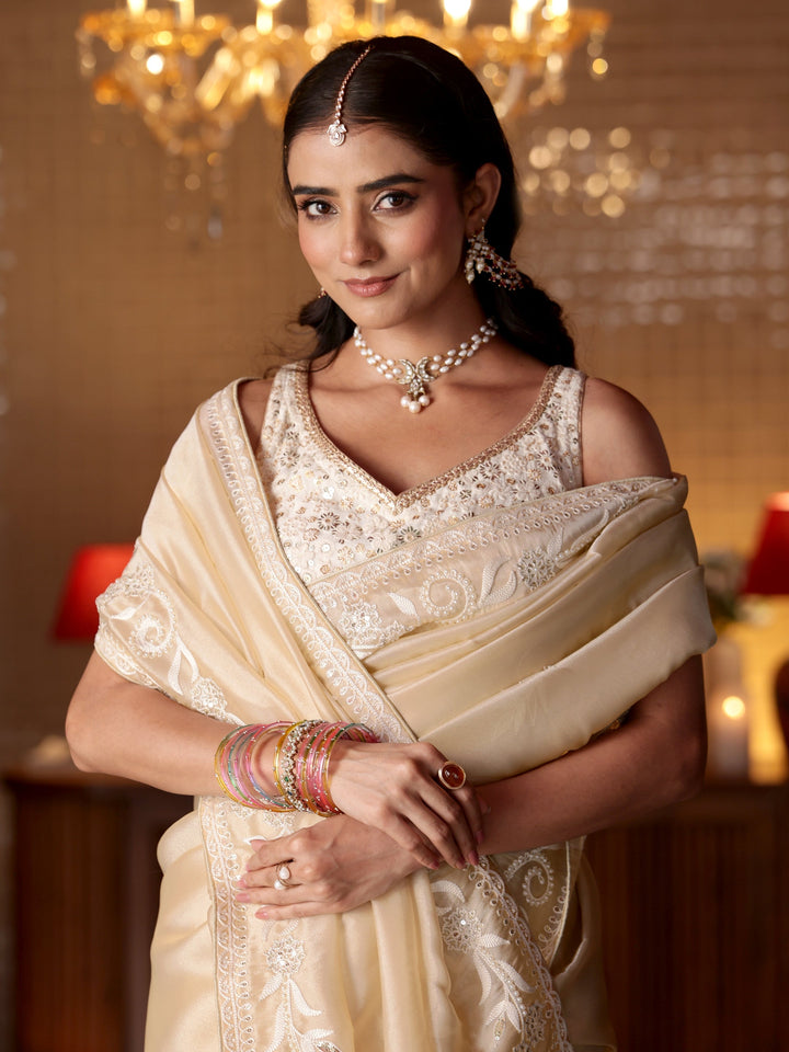 Libas Cream Floral Embroidered Tissue Saree