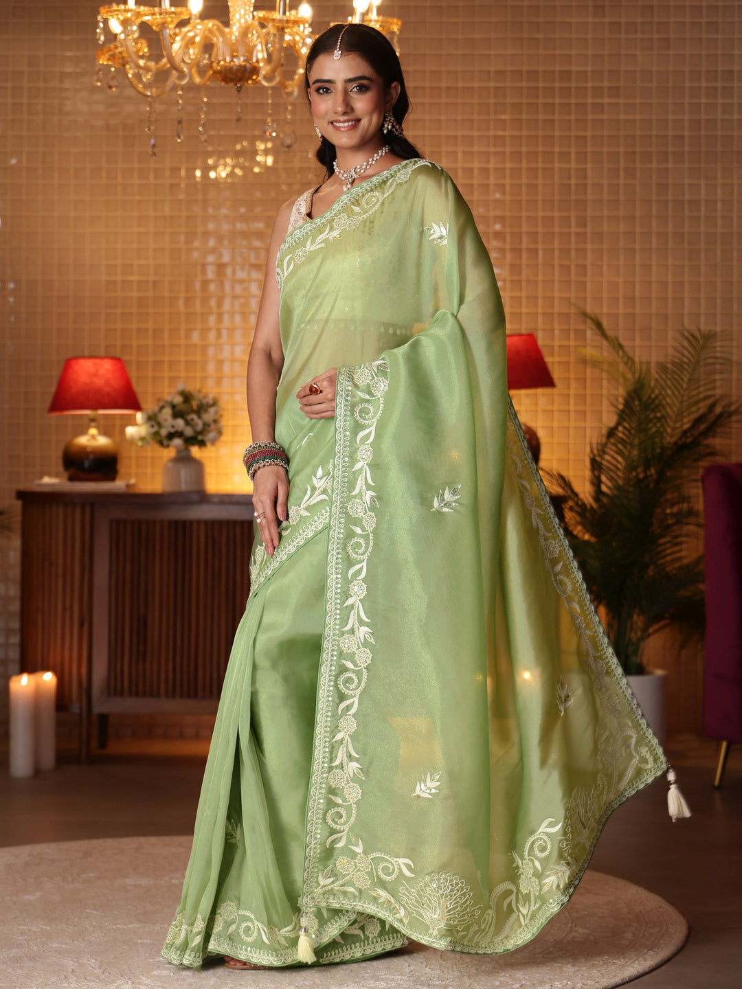 Libas Green Floral Embroidered Tissue Saree