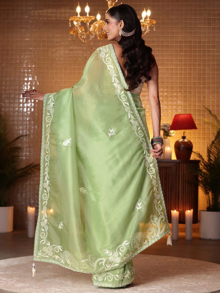 Libas Green Floral Embroidered Tissue Saree