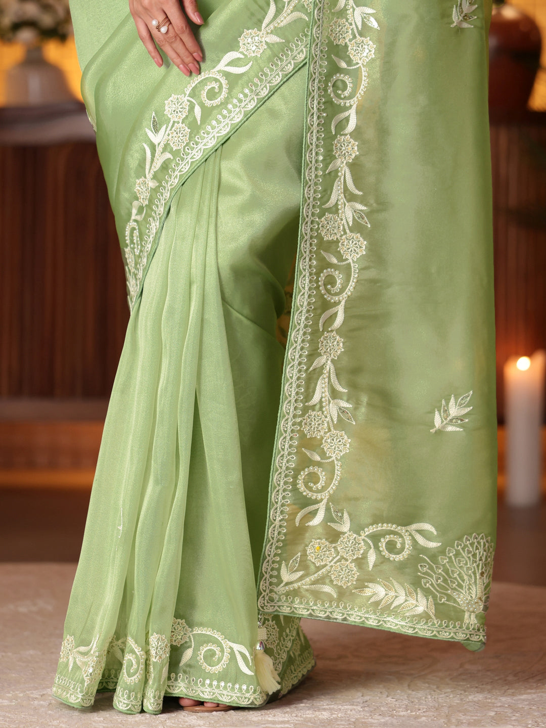 Libas Green Floral Embroidered Tissue Saree