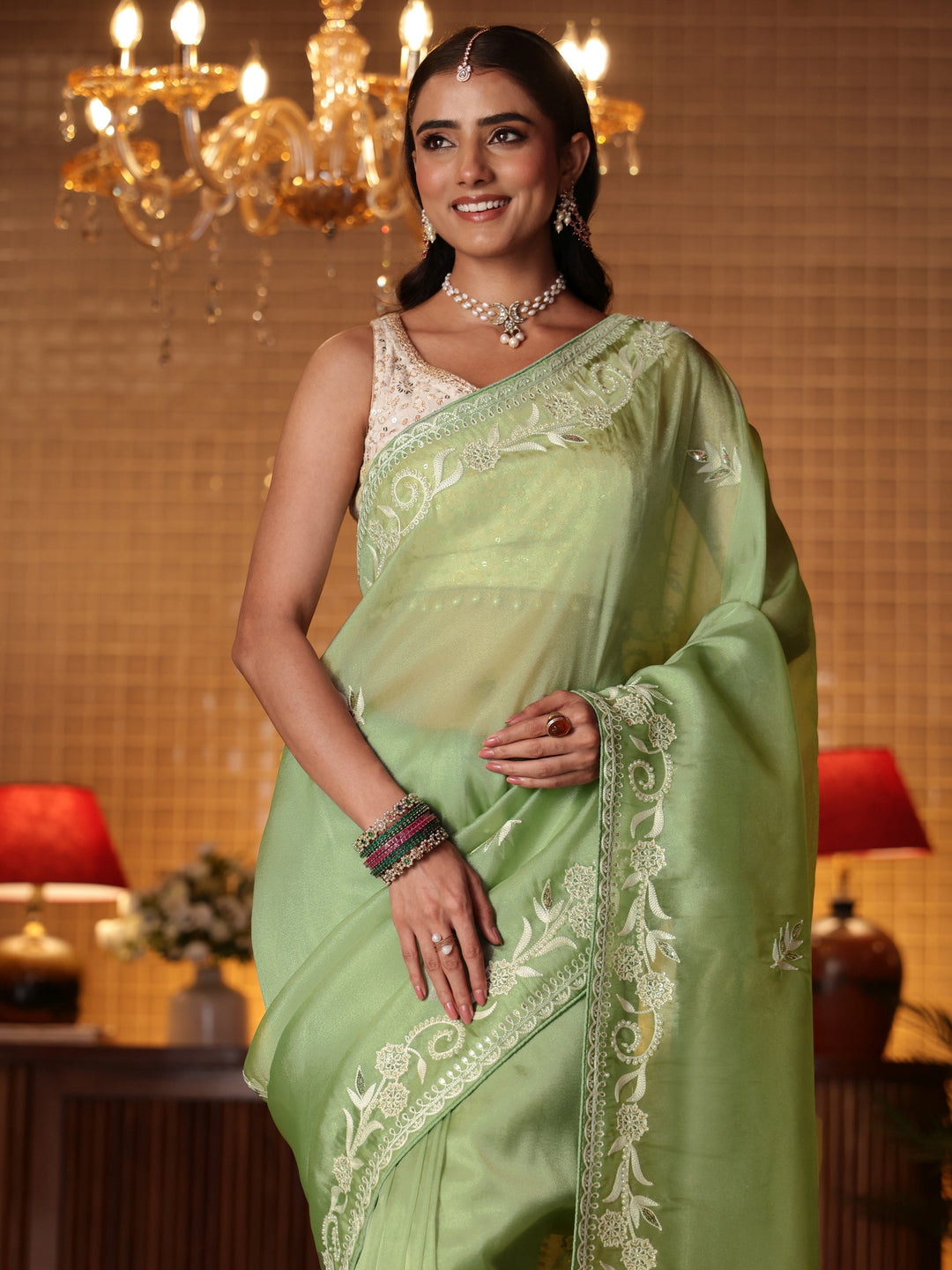 Libas Green Floral Embroidered Tissue Saree