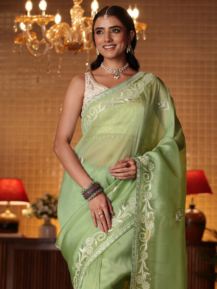 Libas Green Floral Embroidered Tissue Saree