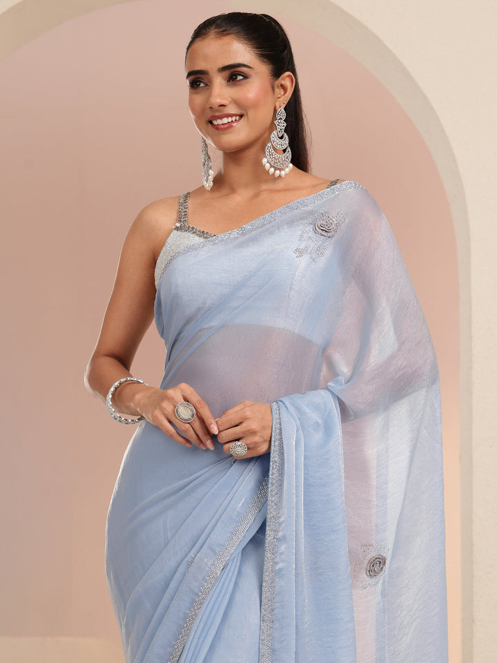 Libas Powder Blue Floral Embellished Silk Blend Saree