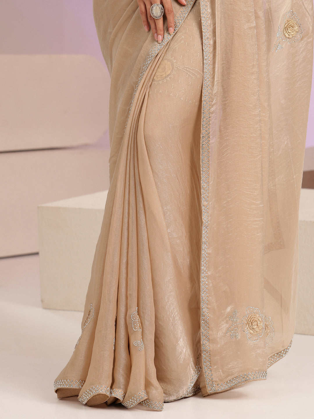Libas Taupe Floral Embellished Silk Blend Saree
