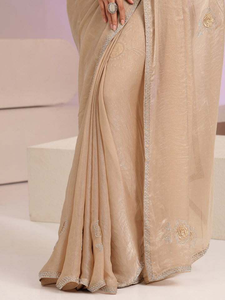 Libas Taupe Floral Embellished Silk Blend Saree