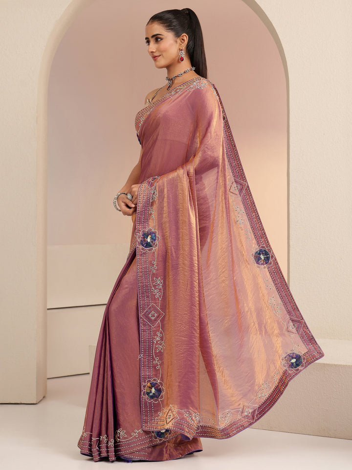 Libas Purple Floral Embellished Silk Blend Saree
